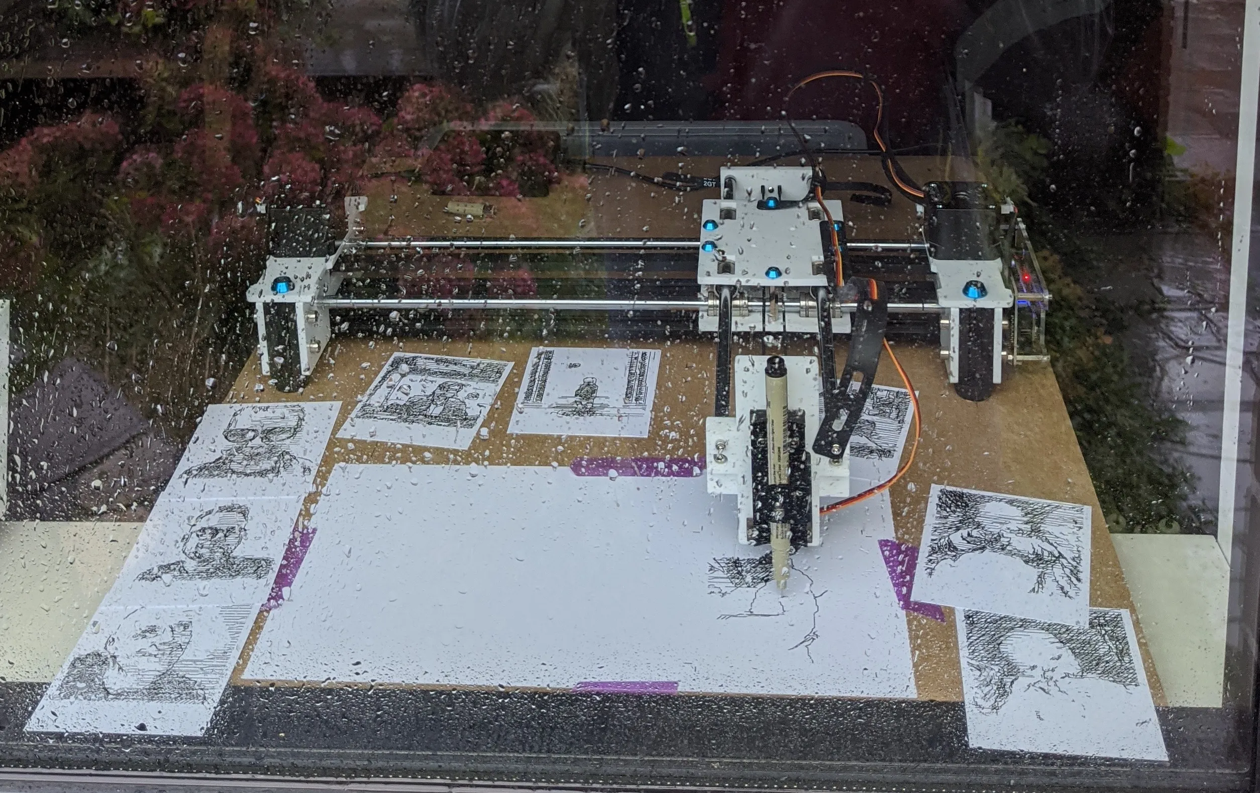 A plotter viewed through a rainy window