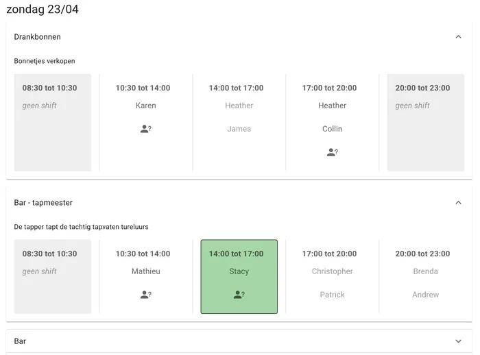 A screenshot of the shifts planning application