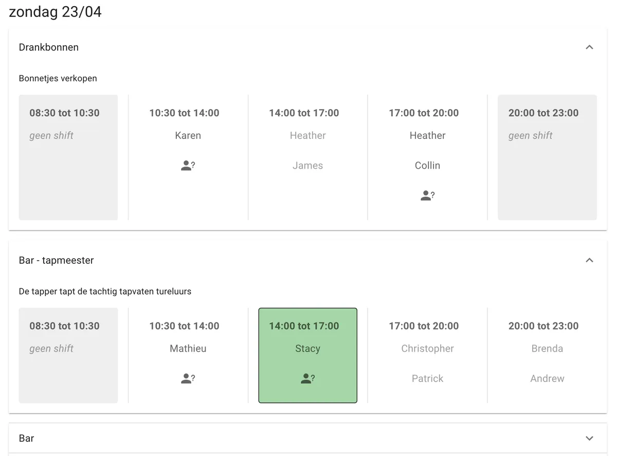 A screenshot of the shifts planning application