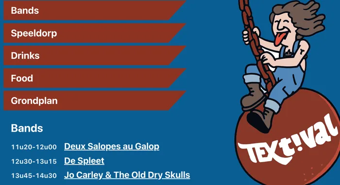 A screenshot of the Textivalkrant header consistiong of a menu and a rockstar construction worker on a wrecking ball.