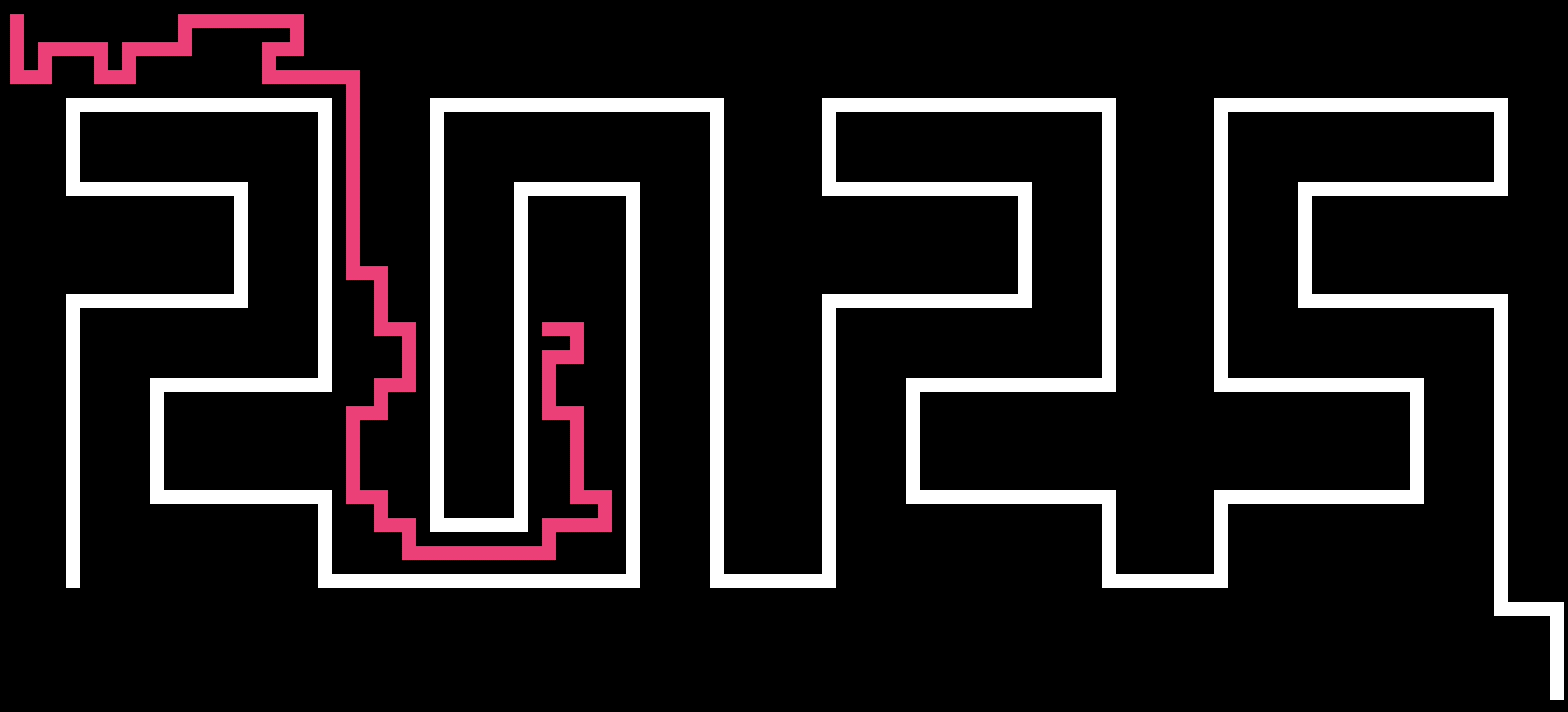 Animation of a maze solver tracing a pink path through the 2025 maze, advancing and backtracking without finding a way out